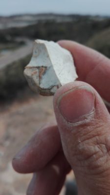 Una lasca de sílex retocado en el sedimento de la entrada, emblanquecida por el sol. Por supuesto, quedó en su lugar.