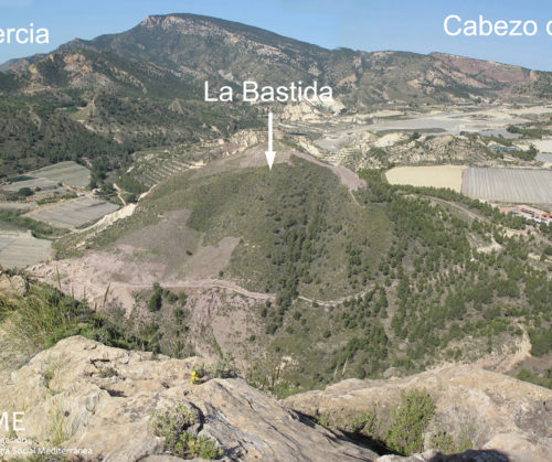 Panofotografía 180º tomada desde la cumbre del Cabezo Gordo con indicadores toponímicos.